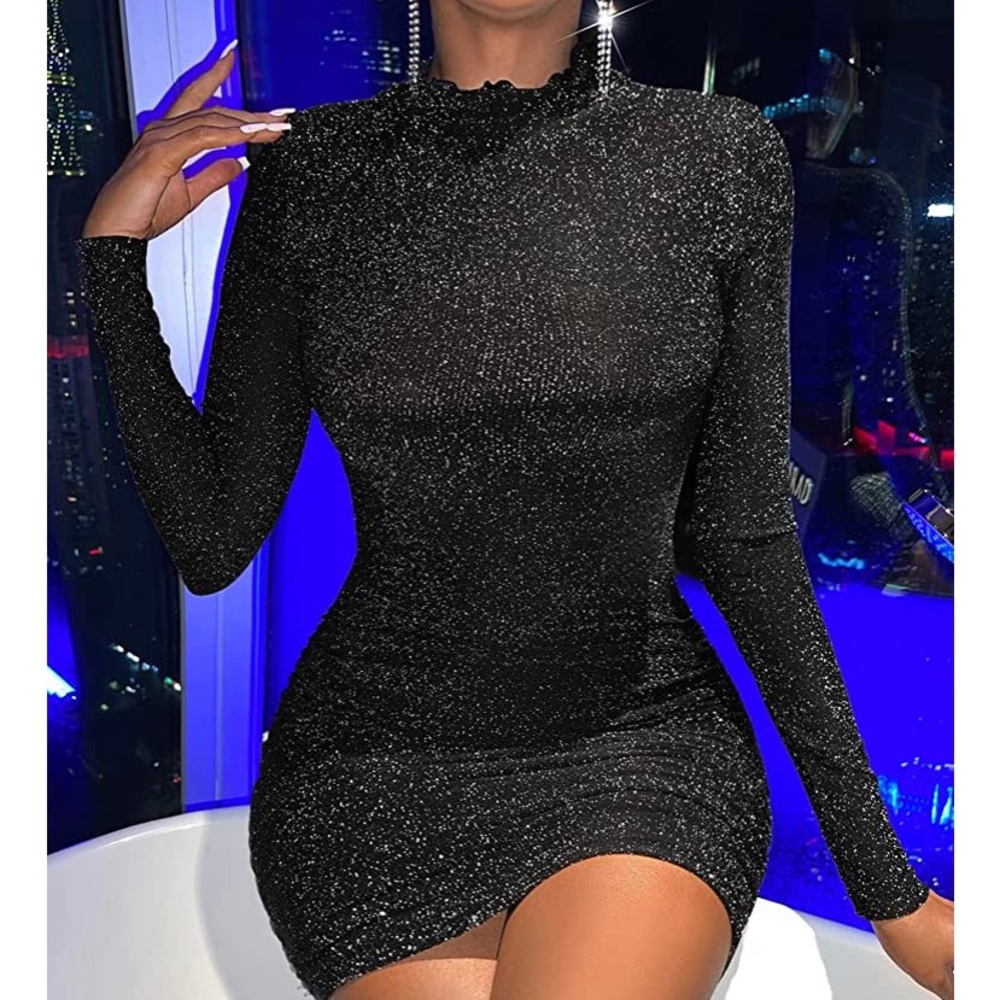 Women Mock Neck Lettuce Trim Glitter Bodycon Dress Dresses for Women